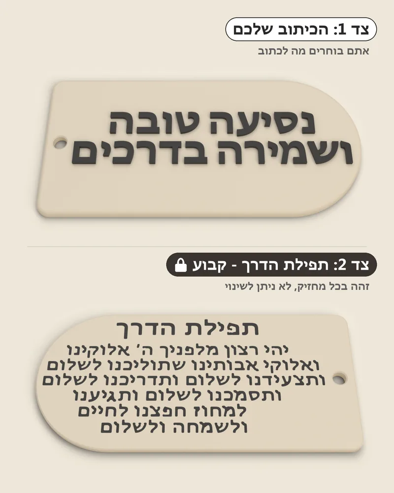 שני הצדדים של מחזיק המפתחות: צד 1 עם הכיתוב שלכם, צד 2 עם תפילת הדרך הקבועה שלא ניתן לשנות