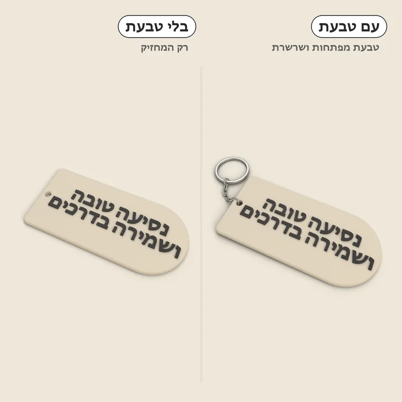 מחזיק המפתחות עם טבעת מפתחות ושרשרת קטנה בחור העגול, ולצידו בלי טבעת